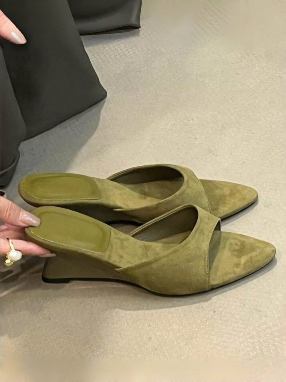 Dark Green Casual Women's Pointed Toe Wedge Slide Sandals - Picture 5 of 11